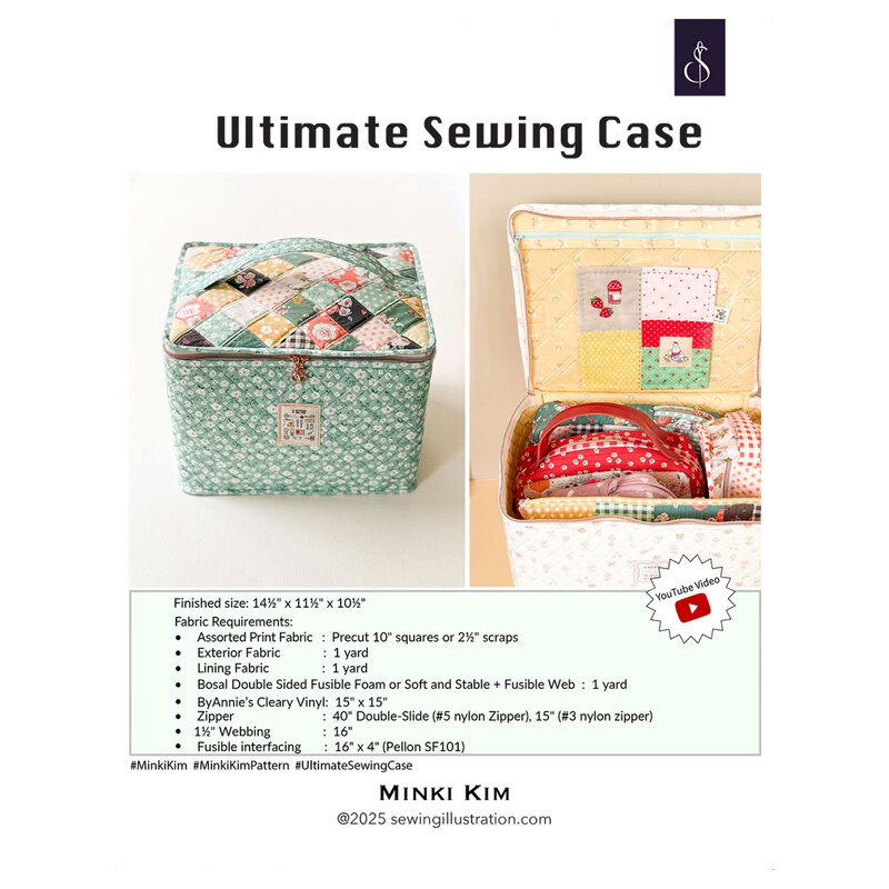 The front of the Ultimate Sewing Case pattern, featuring images of the finished case on a white backdrop and with its top open to show storage space.