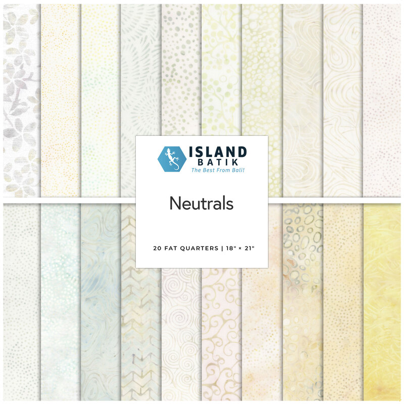 A collection of 20 neutral fabric fat quarters by Island Batik, featuring various patterns and textures.