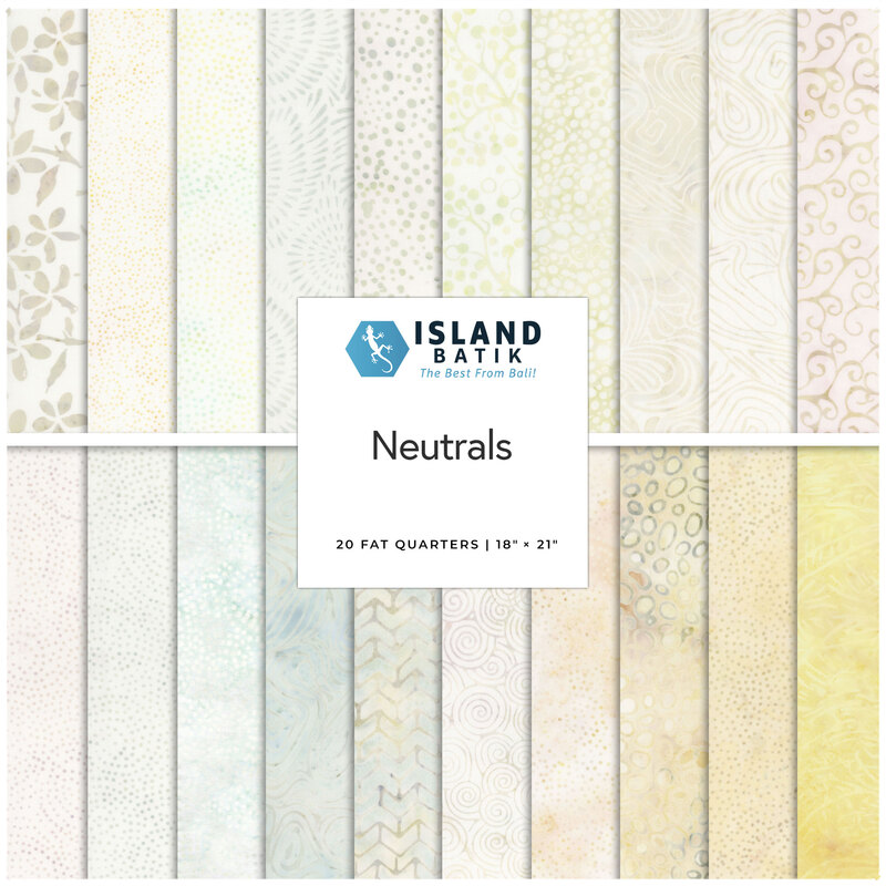 A collection of 20 neutral fabric fat quarters by Island Batik, featuring various patterns and textures.