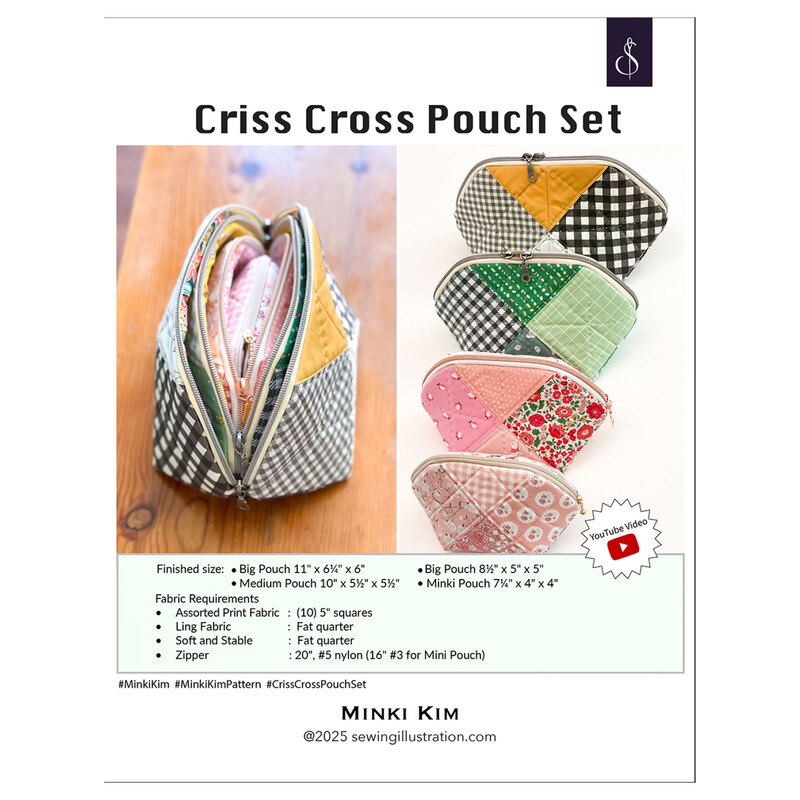 The front of the Criss Cross Pouch Set pattern, featuring images of the pouches on a white and yellow table, lined up in a row and nested together.