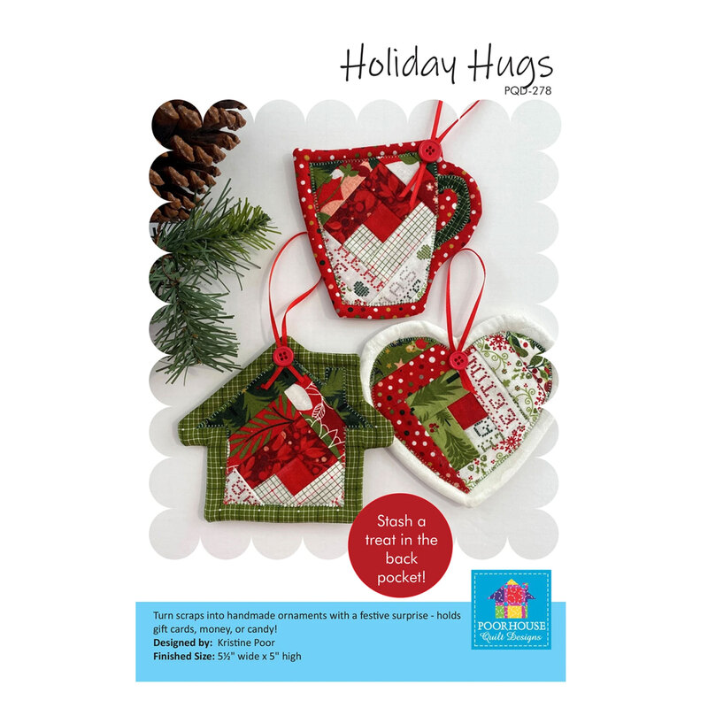 Front of the Holiday Hugs pattern featuring ornaments in the shapes of a heart, mug, and house.