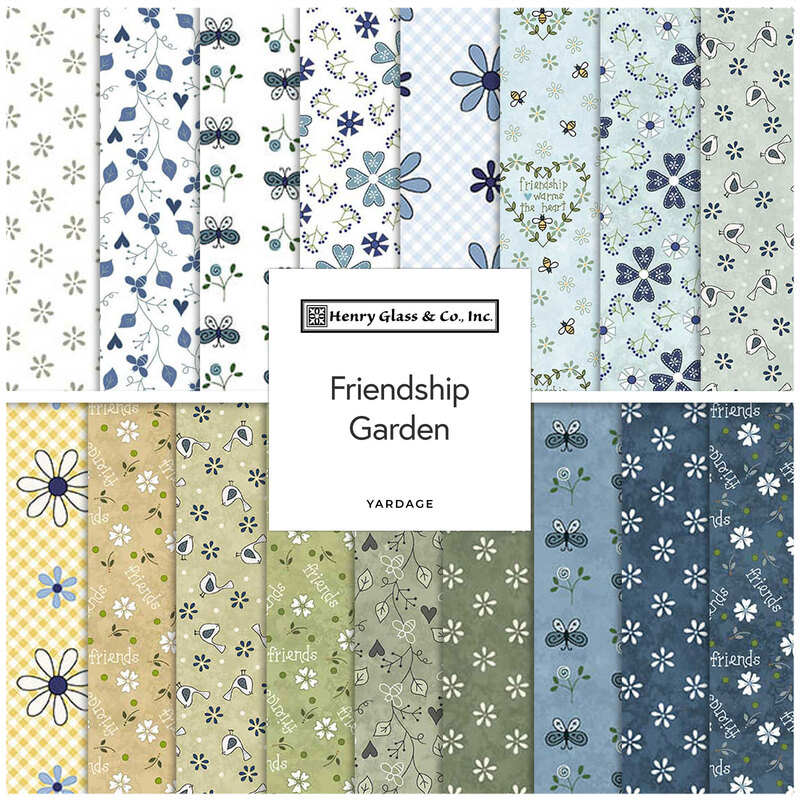 A collage of fabric designs featuring floral patterns in blue, green, and yellow tones, labeled Friendship Garden.