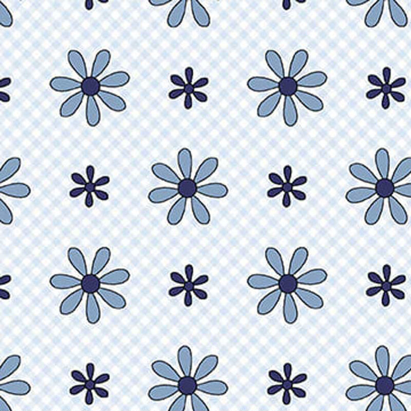 Light blue and dark blue flowers on a pale blue gingham fabric.