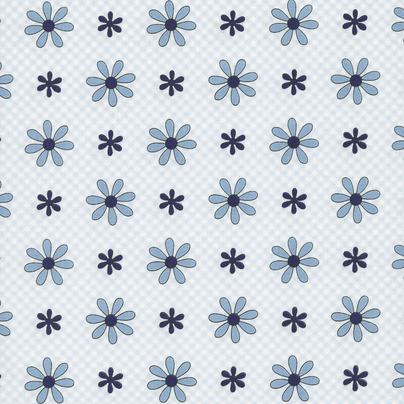 Light blue and dark blue flowers on a pale blue gingham fabric.