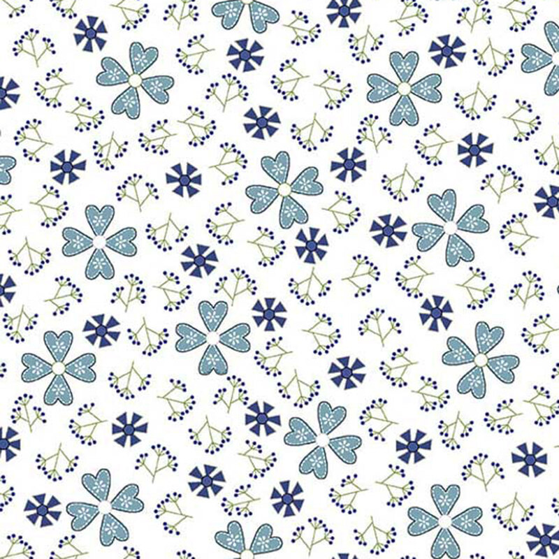 Repeating pattern of blue flowers and pinwheel shapes on a white fabric.