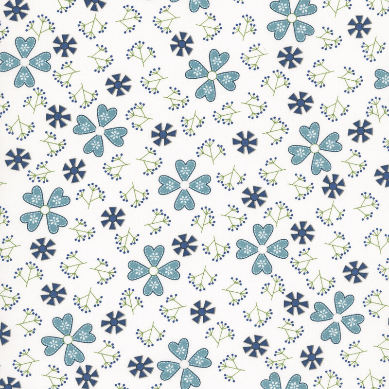 Repeating pattern of blue flowers and pinwheel shapes on a white fabric.