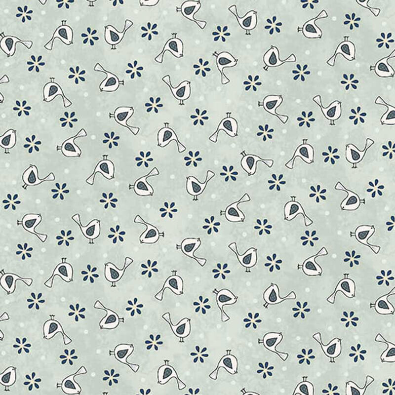 Pattern of stylized birds and flowers in blue and white on a aqua fabric.