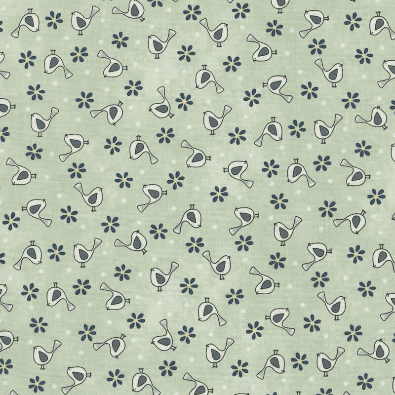 Pattern of stylized birds and flowers in blue and white on a pale aqua fabric.