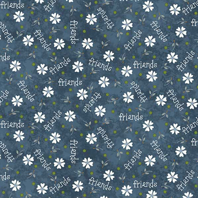 Pattern featuring white flowers and the word friends in various orientations on a blue fabric.