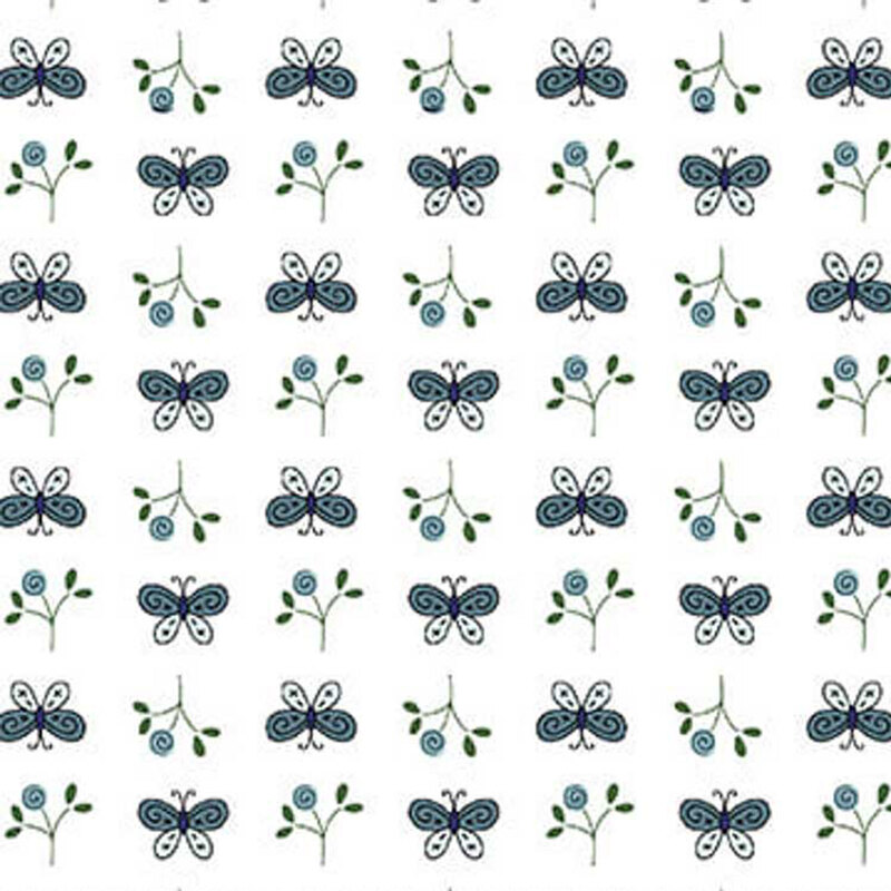 A repeating pattern featuring blue butterflies and green foliage on a white fabric.