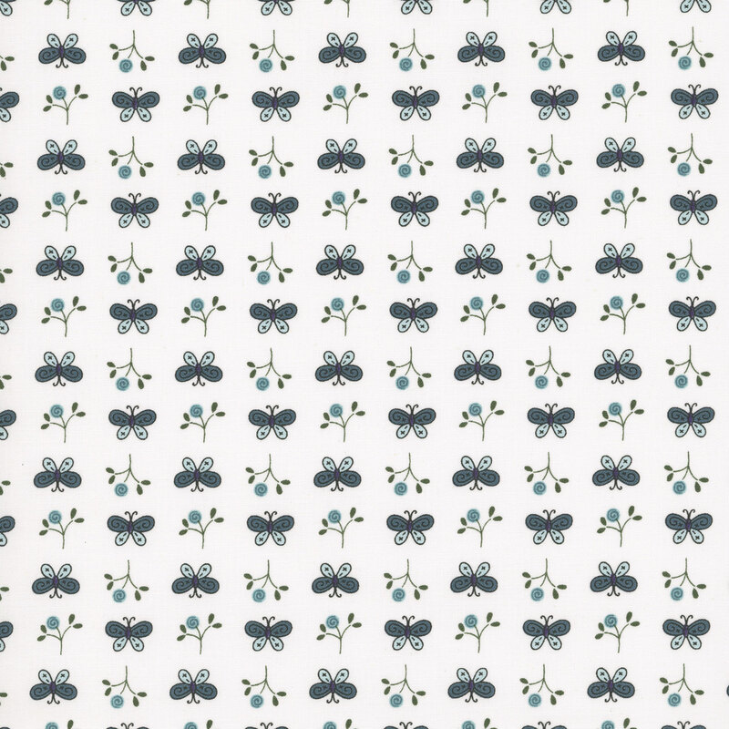 A repeating pattern featuring blue butterflies and green foliage on white fabric.