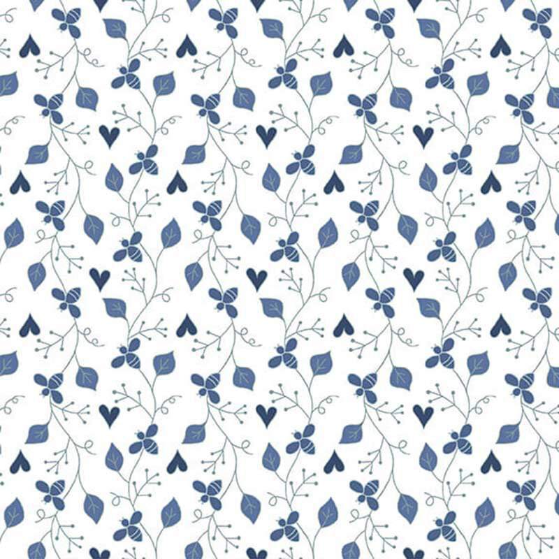 A repeating pattern of blue leaves and flowers on a white fabric, featuring hearts and swirls.