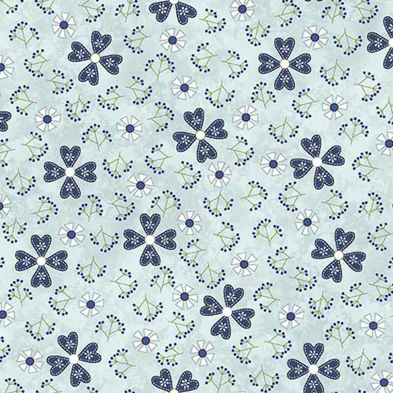 Fabric pattern of blue and white flowers on a light blue background with green accents.