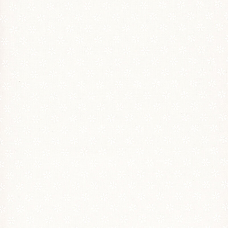 A repeating pattern of small white flowers on a white fabric.