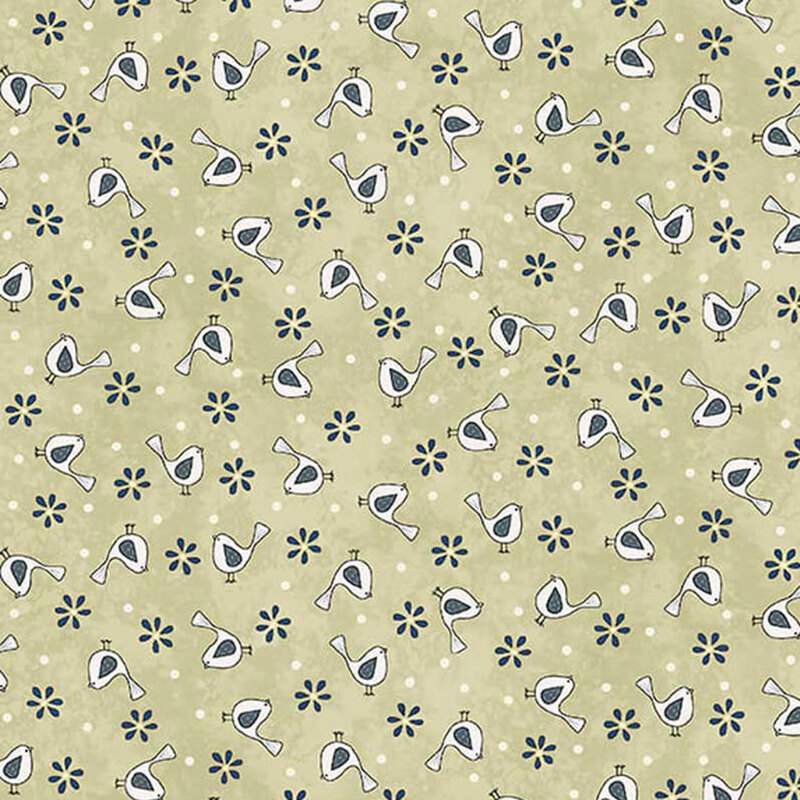 Pattern of whimsical birds and flowers on a mottled green fabric.