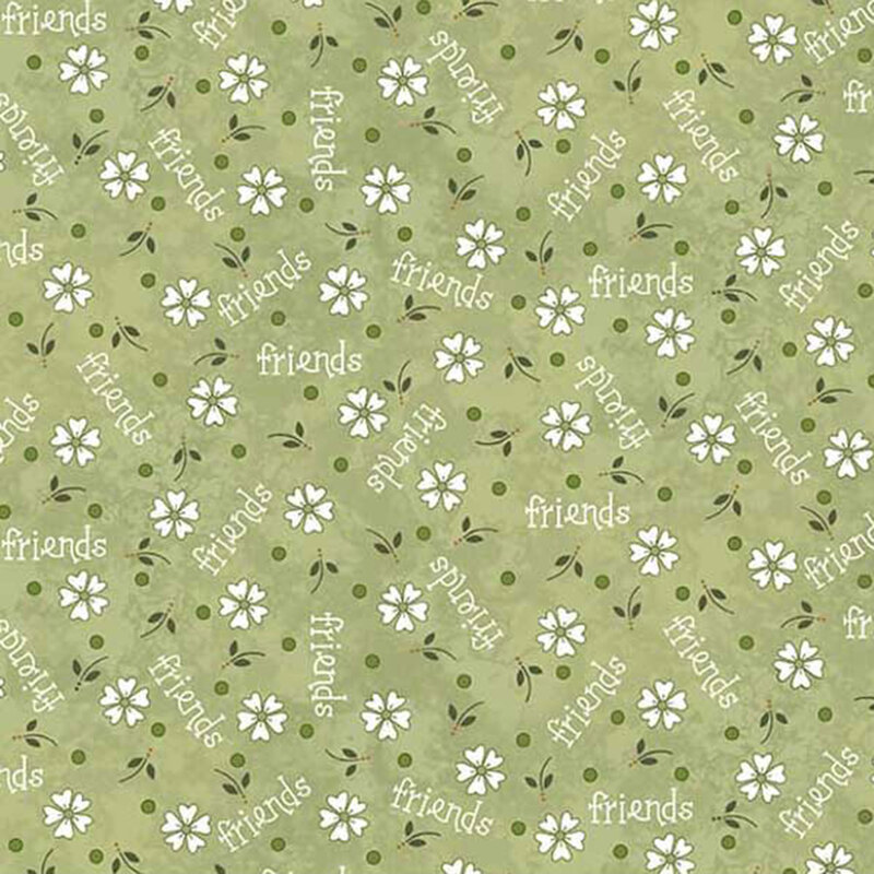 Patterned green fabric featuring white flowers and the word friends repeated throughout.
