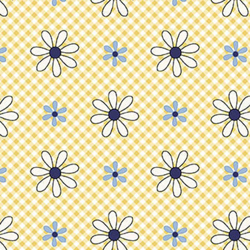 Yellow gingham pattern fabric featuring scattered blue and white flowers with dark centers.