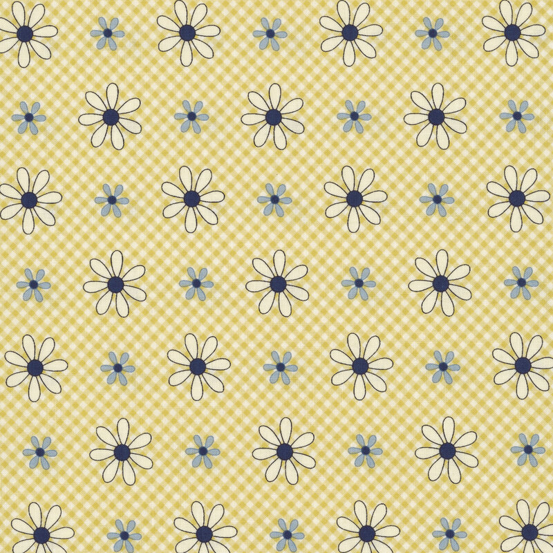 Yellow gingham pattern fabric featuring blue and white flowers with dark centers.