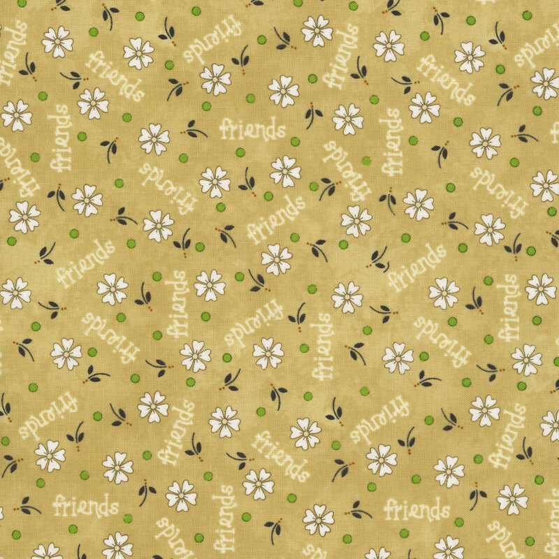 A brassy yellow fabric featuring scattered white flowers, green dots, and the word "friends."