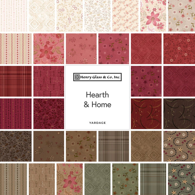 Digital collage of fabrics included in the Hearth & Home collection with cream, red, brown, and green fabrics with a floral design.