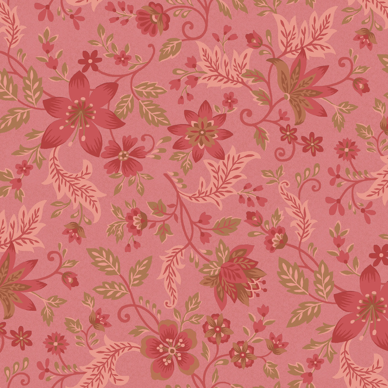dusty pink fabric featuring bright rose red flowers and stems with swirling green and pink leaves