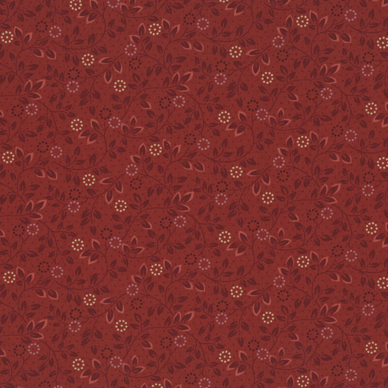 crimson fabric featuring brick red, tan, and pink flowers with dark red leaves and swirling vines