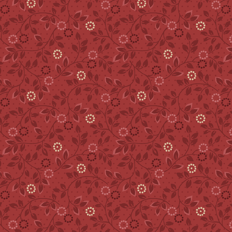 crimson fabric featuring brick red, tan, and pink flowers with dark red leaves and swirling vines