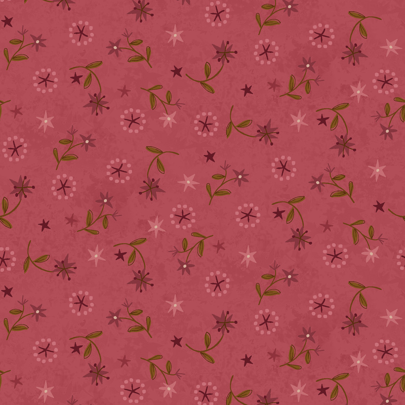 wine red lilies with green leaves and stars in maroon and dusty rose tossed on textured rose red fabric