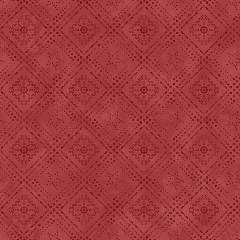 geometric designs formed by stars and dots on mottled tonal red fabric