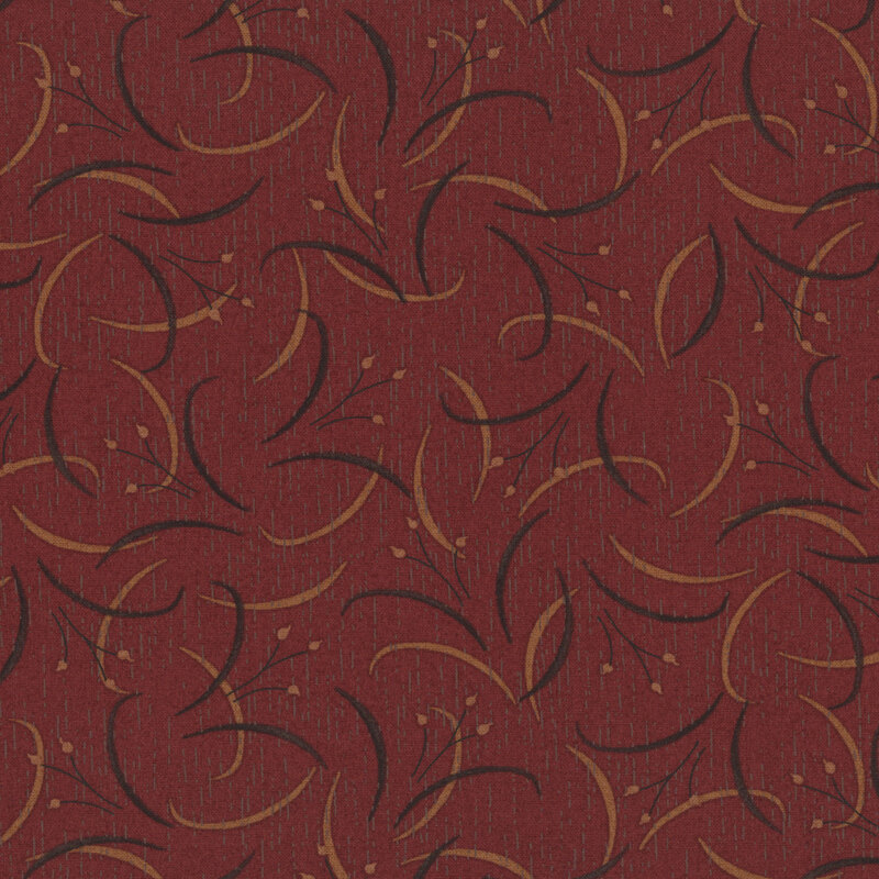 brick red fabric featuring lily flowers and swirling leaves in black and olive