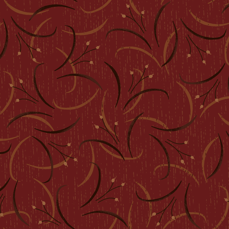 brick red fabric featuring lily flowers and swirling leaves in black and olive