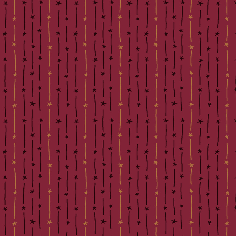 black and brown shooting stars in alternating stripes on brick red fabric