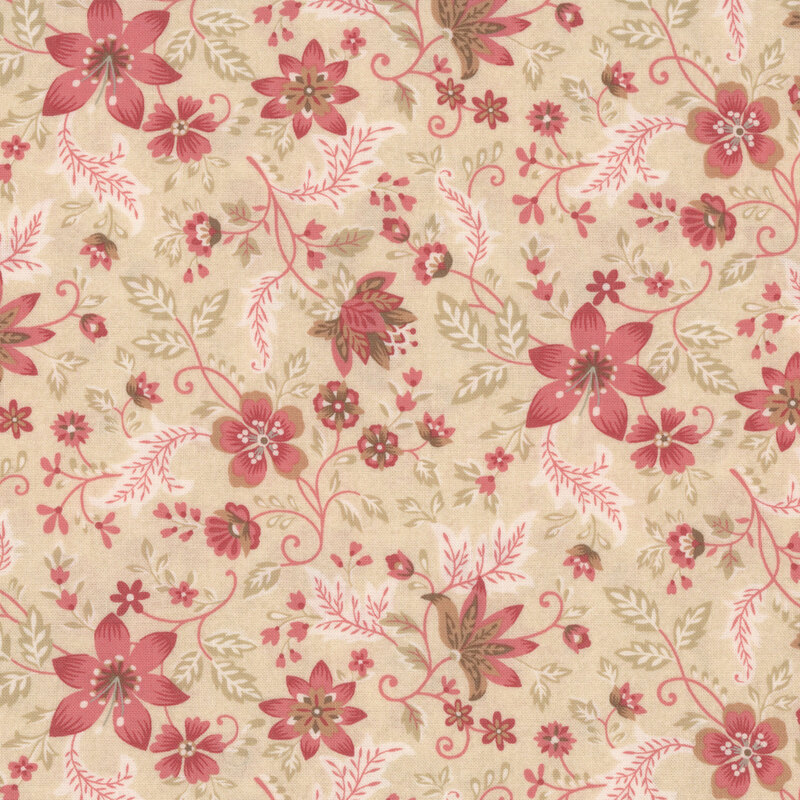 cream fabric featuring pink flowers with beige leaves and swirling vines
