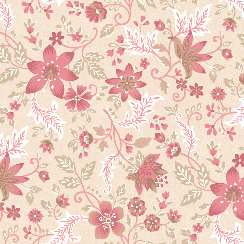 ivory fabric featuring bright rose red flowers and stems with swirling pink and white eaves