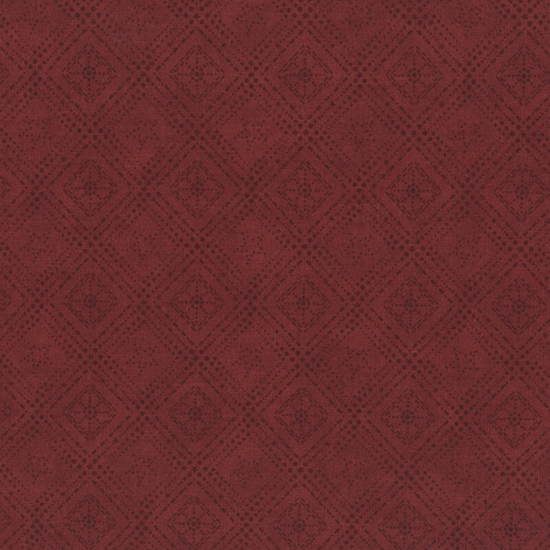 geometric designs formed by stars and dots on mottled tonal burgundy fabric