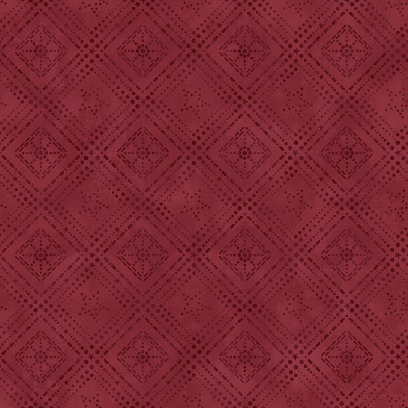 geometric designs formed by stars and dots on mottled tonal burgundy fabric