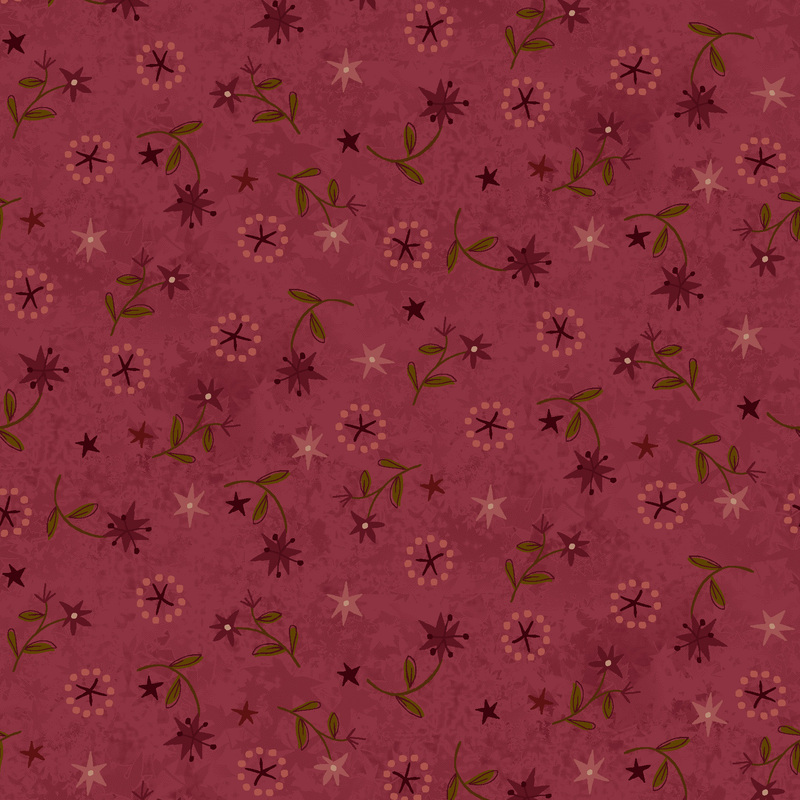 wine red lilies with green leaves and stars in dusty rose and peach tossed on textured burgundy fabric