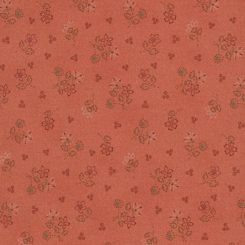 red and pink flowers with green leaves and stems scattered on dark pink fabric
