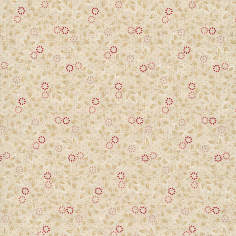 cream fabric featuring pink flowers with beige leaves and swirling vines