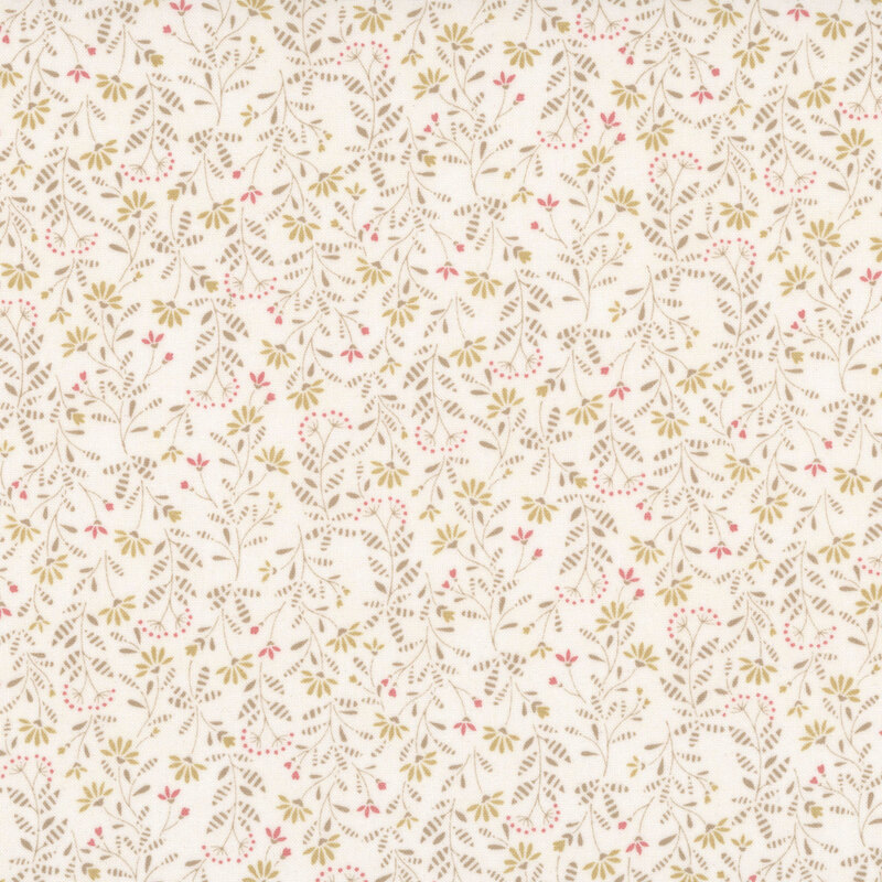 cream fabric featuring a primitive pattern of pale rose and tan flowers with latte leaves and stems