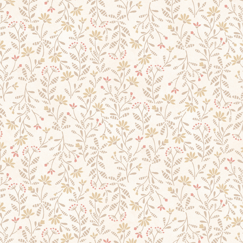 cream fabric featuring a calico pattern of pale rose and tan flowers with latte leaves and stems