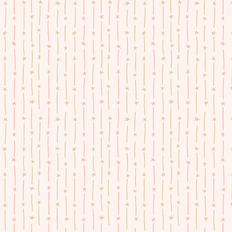 pink and beige shooting stars in vertical stripes on cream fabric