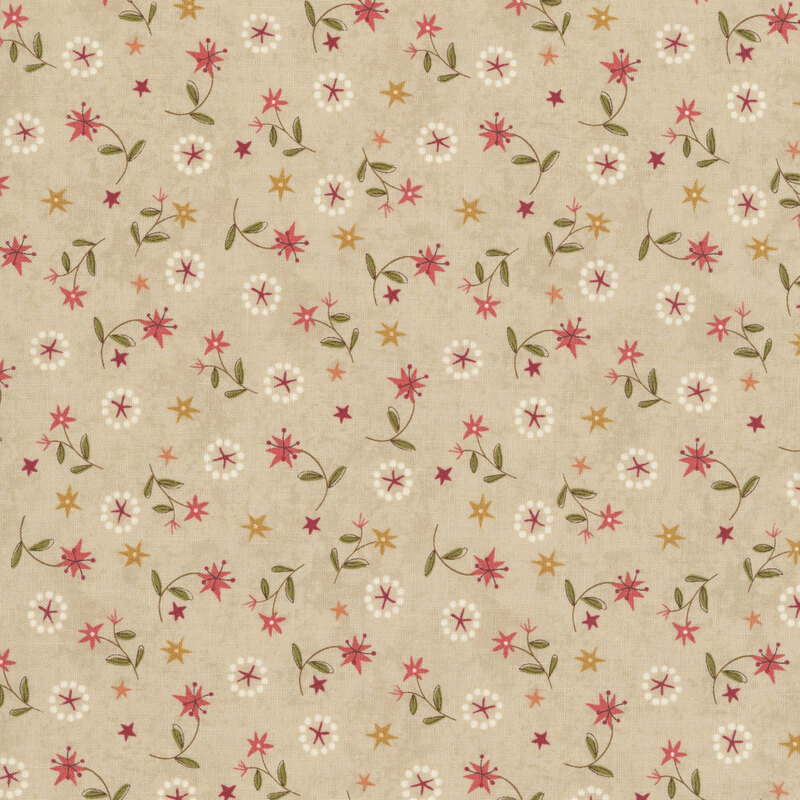 pink lilies with green leaves and sienna stars tossed on textured cool gray fabric