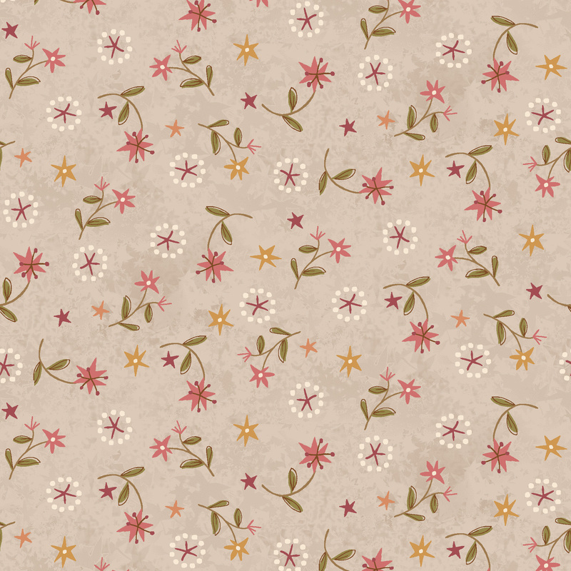 pink lilies with green leaves and sienna stars tossed on textured cool gray fabric