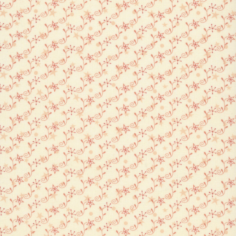 ivory fabric featuring flowering stars in dusty rose and pink in diagonal rows