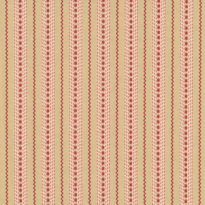 tan fabric featuring alternating stripes of crimson red wavy lines and dash lines