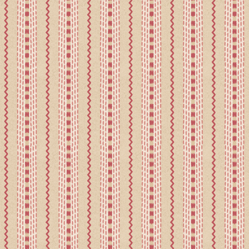 tan fabric featuring alternating stripes of crimson red wavy lines and dash lines