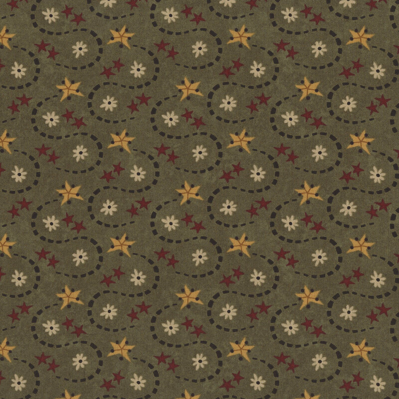 brick red stars, shooting tan stars with a dark green tail, and cream flowers tossed on a pine green fabric
