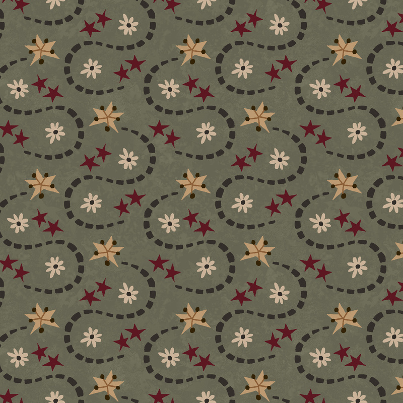 brick red stars, shooting tan stars with a dark green tail, and cream flowers tossed on a pine green fabric