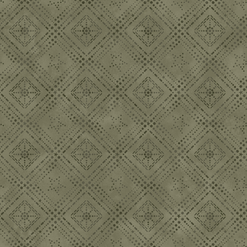 geometric designs formed by stars and dots on mottled tonal green fabric